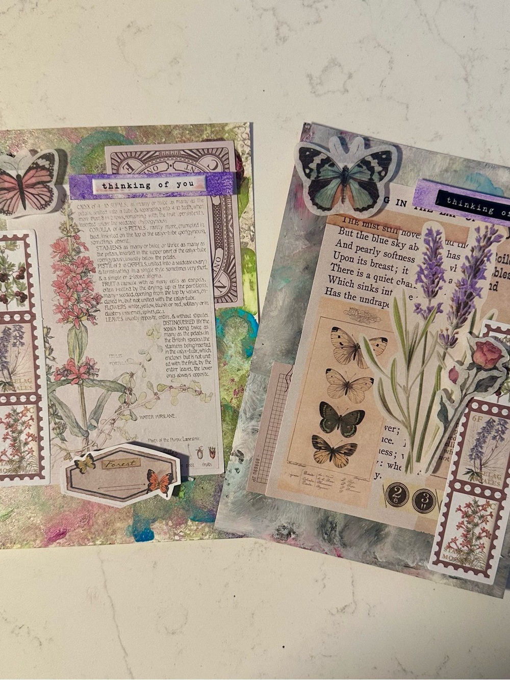 Set of 2 Hand Crafted EC THINKING OF YOU Botanical Butterfly Greeting Cards